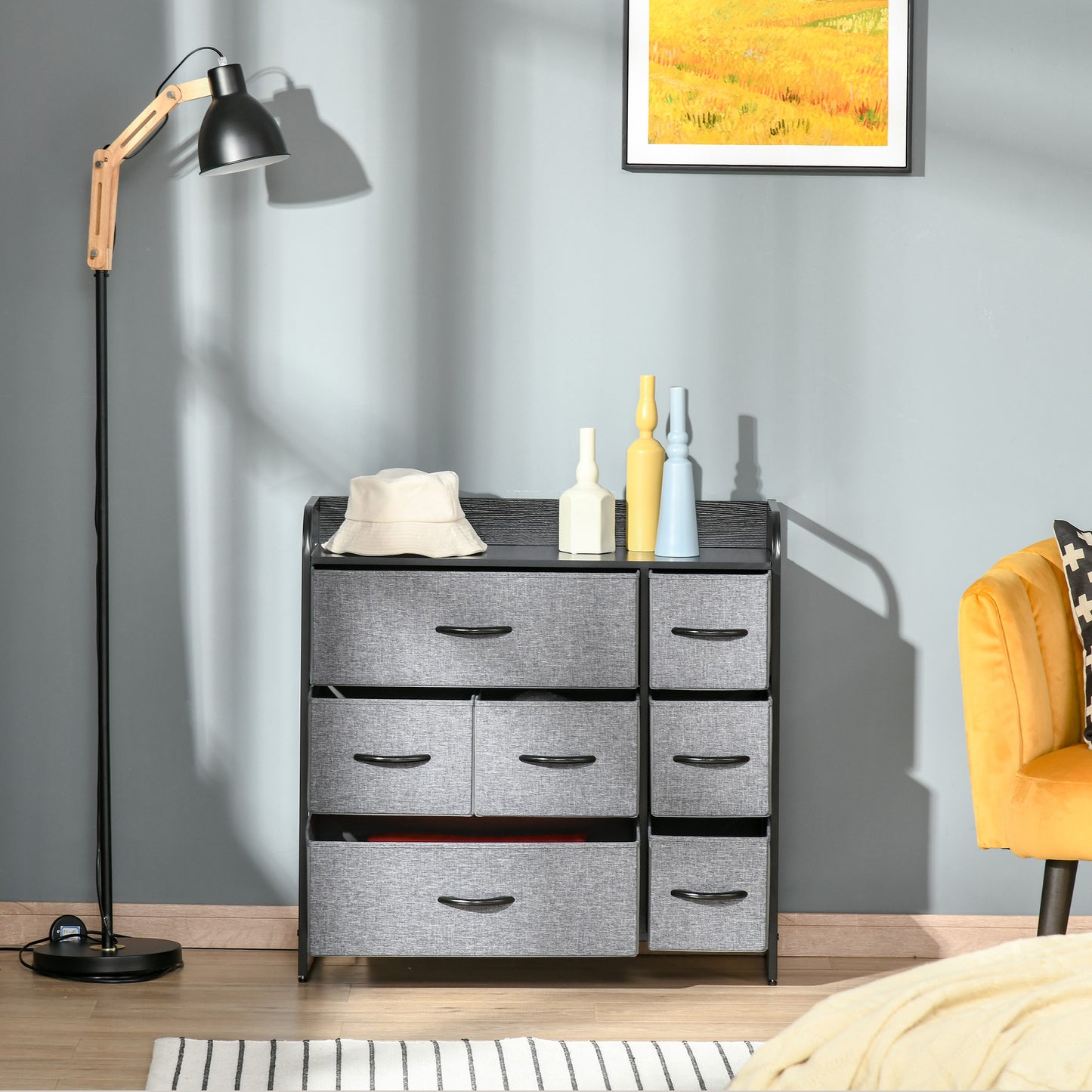 Chest of Drawers with 7 Foldable Drawers, 3-Tier Fabric Bedroom Dresser, Clothes Storage Unit for Bedroom, Living Room, Grey