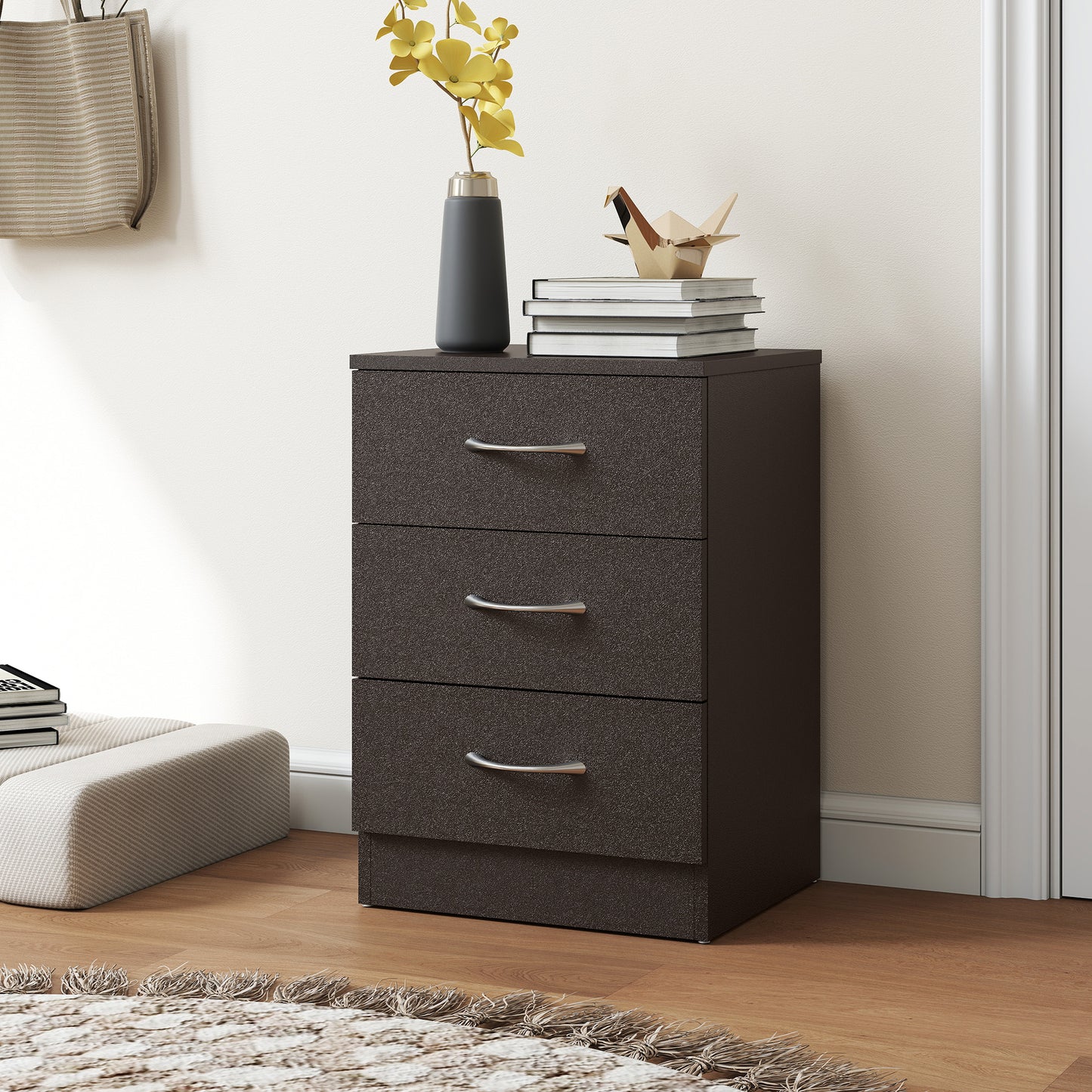 Three-Drawer Simple Bedside Table - Black