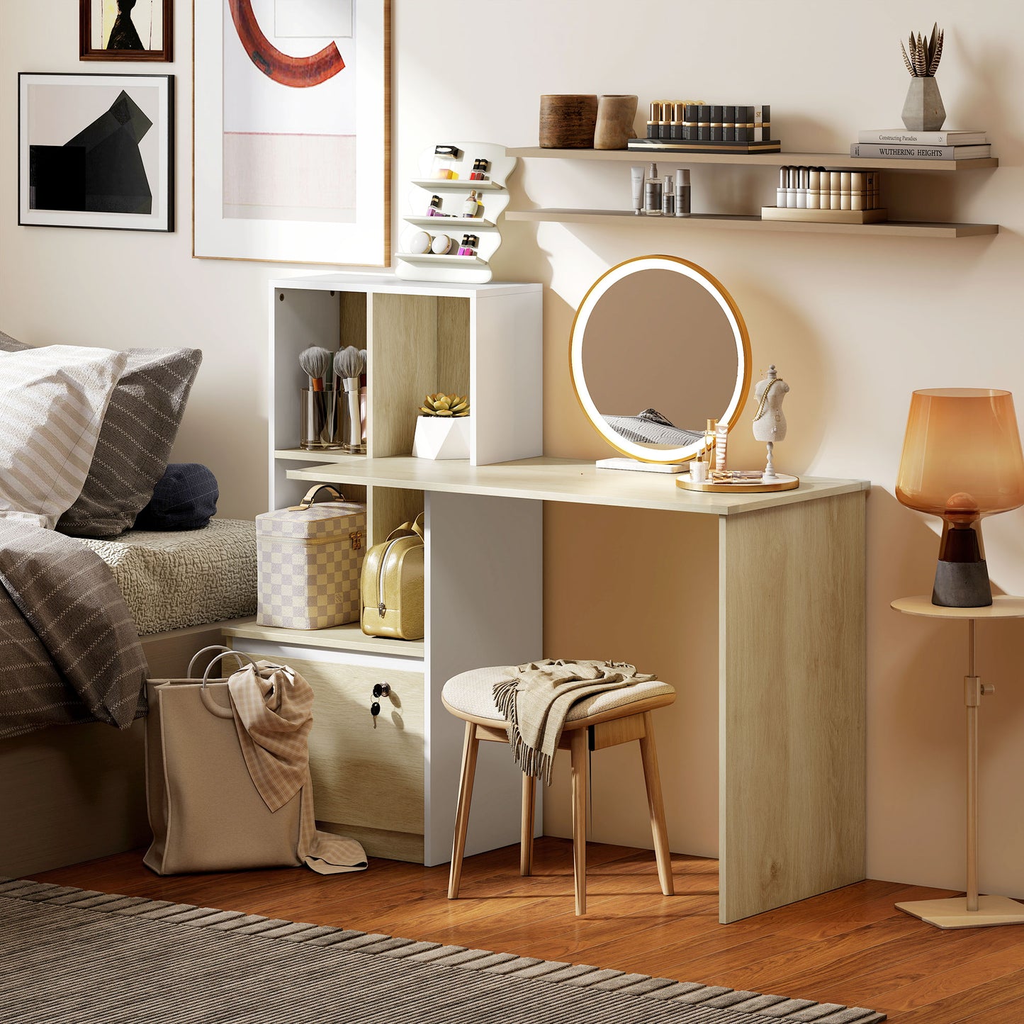 Computer Desk, Office Desk with Bookshelf, File Drawer and Legal Hanging File Holders, Oak Wood Effect