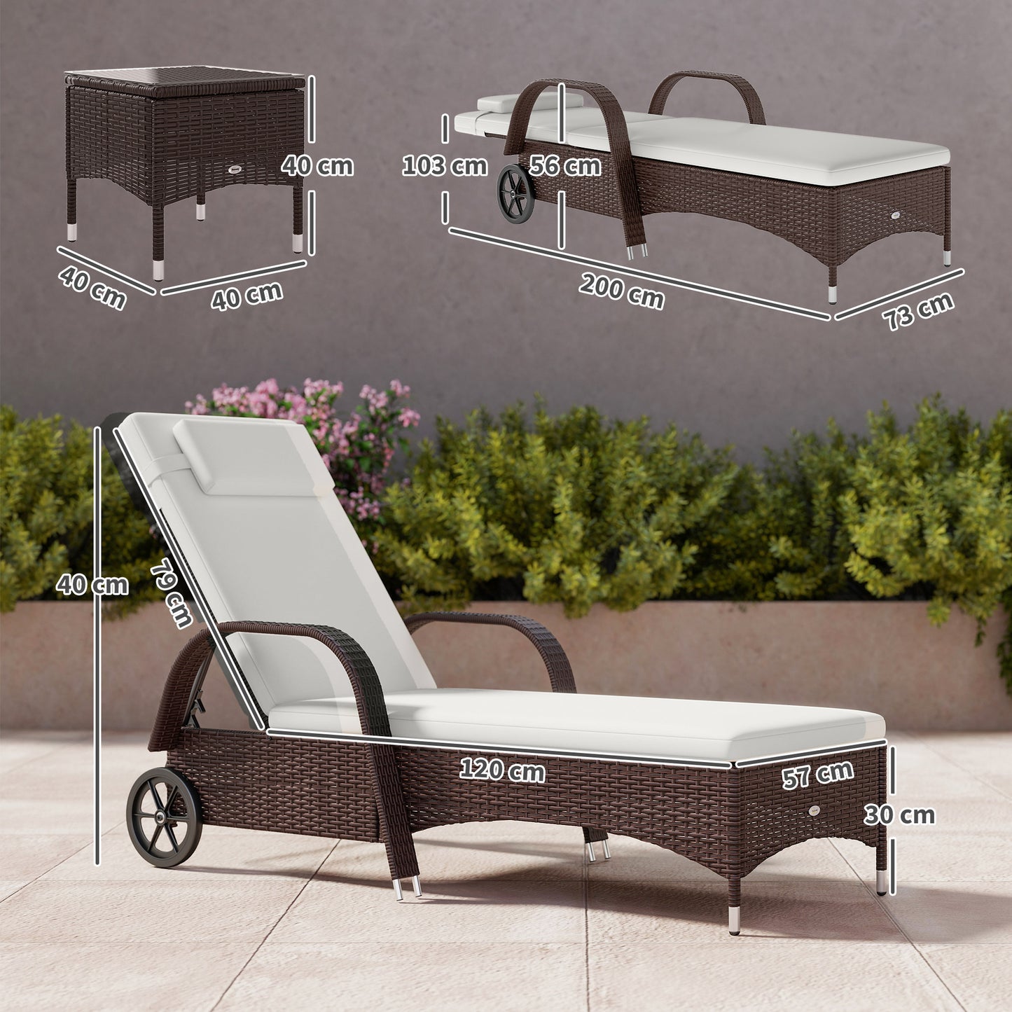 Rattan Sun Loungers Set of 2 with Side Table, 3-Piece Garden Furniture Set