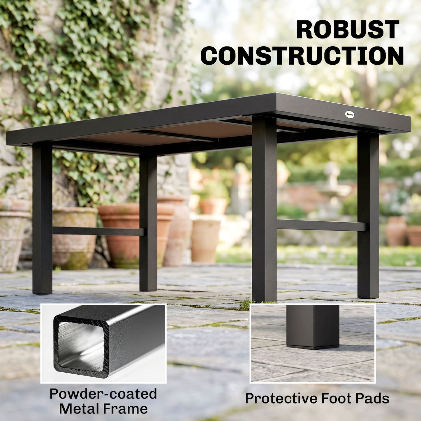 Metal Garden Coffee Table, Outdoor Side Table with SPC Woodgrain Tabletop for Outside, Garden, Balcony, Porch