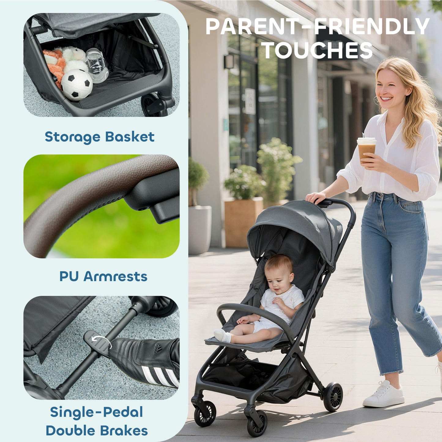 Foldable Baby Stroller with Adjustable Seat, 5-Point Harness, Canopy, Basket, 6.3kg Lightweight & Compact, Dark Grey