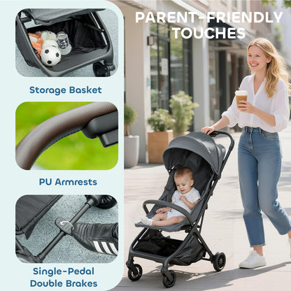 Foldable Baby Stroller with Adjustable Seat, 5-Point Harness, Canopy, Basket, 6.3kg Lightweight & Compact, Dark Grey