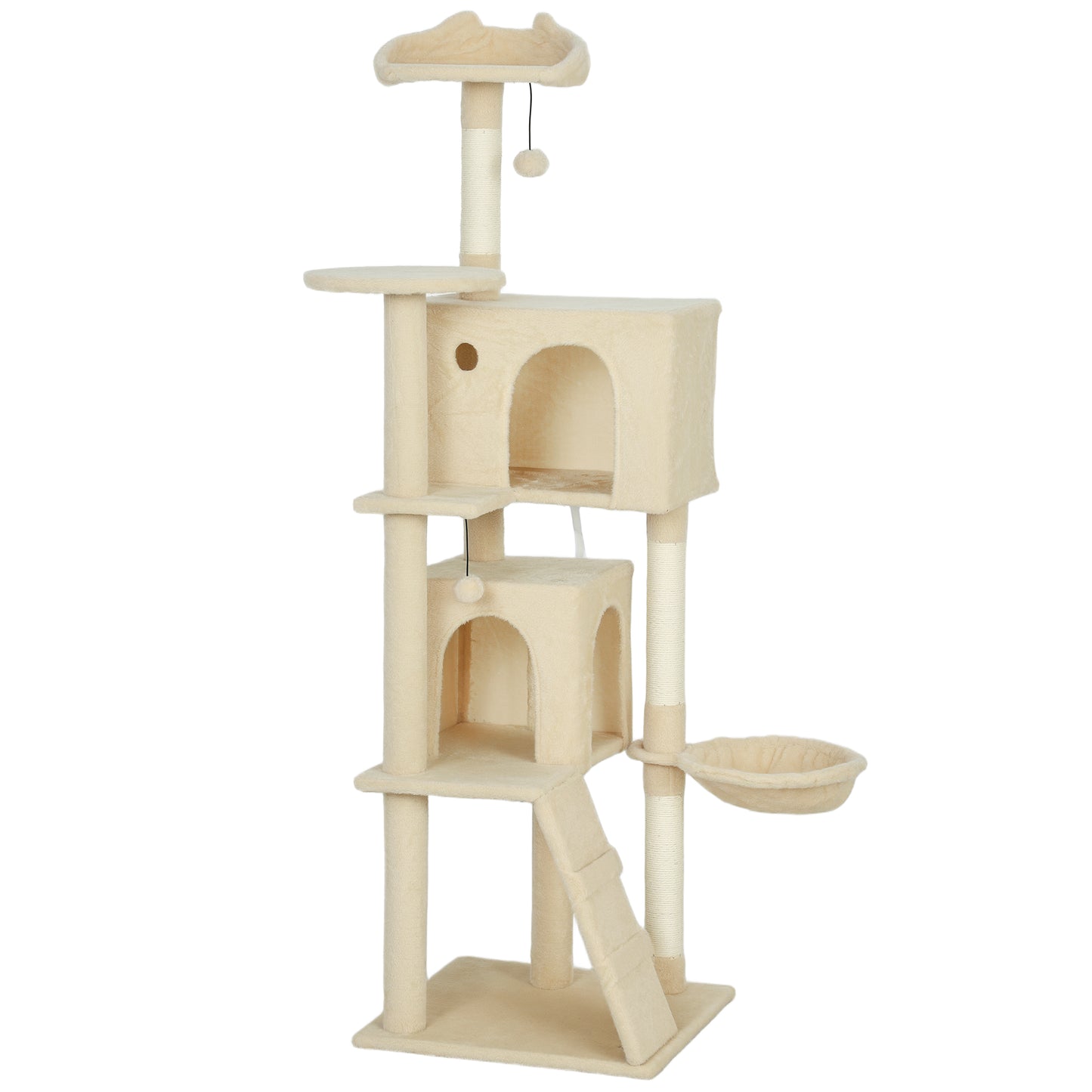160cm Large Cat Tree Tower with Sisal Scratching Posts, Condos, Plush Perches, Hammock, Ladder, Beige