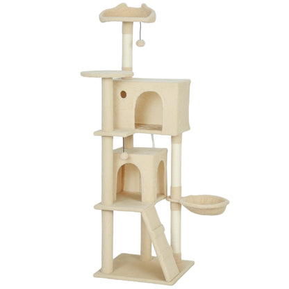 160cm Large Cat Tree Tower with Sisal Scratching Posts, Condos, Plush Perches, Hammock, Ladder, Beige