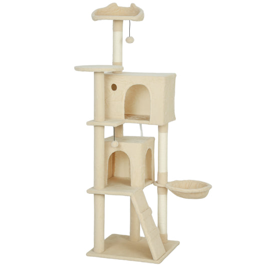 160cm Large Cat Tree Tower with Sisal Scratching Posts, Condos, Plush Perches, Hammock, Ladder, Beige