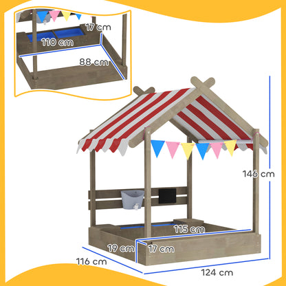 House-Designed Wooden Sandbox, Outdoor Sandpit, with Blackboard, Toys, Sink, Seats, Flags, for Ages 3-7 Years - Grey
