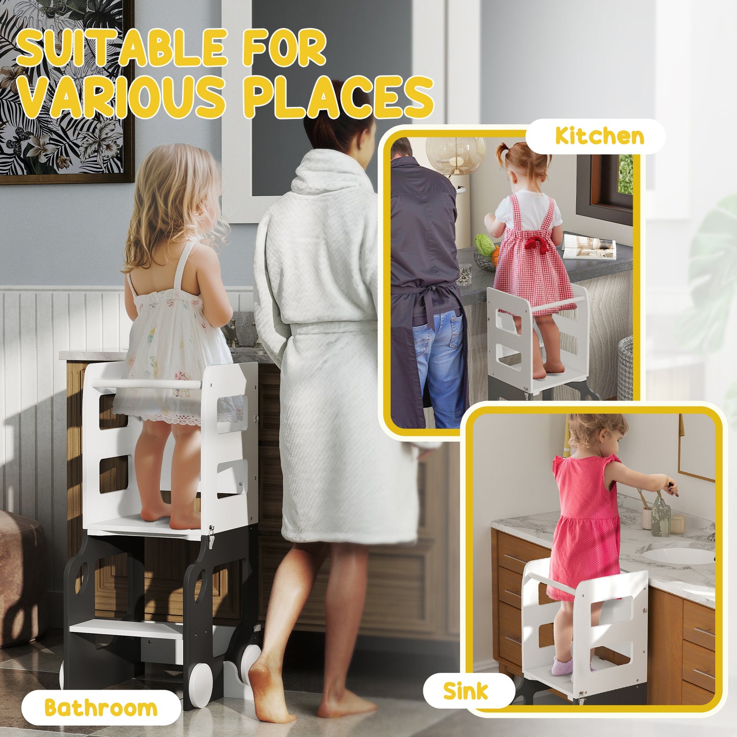 Toddler Step Stool, 4 in 1 Standing Tower, Foldable Toddler Step with Safety Rail, for Kitchen, Bathroom, Grey