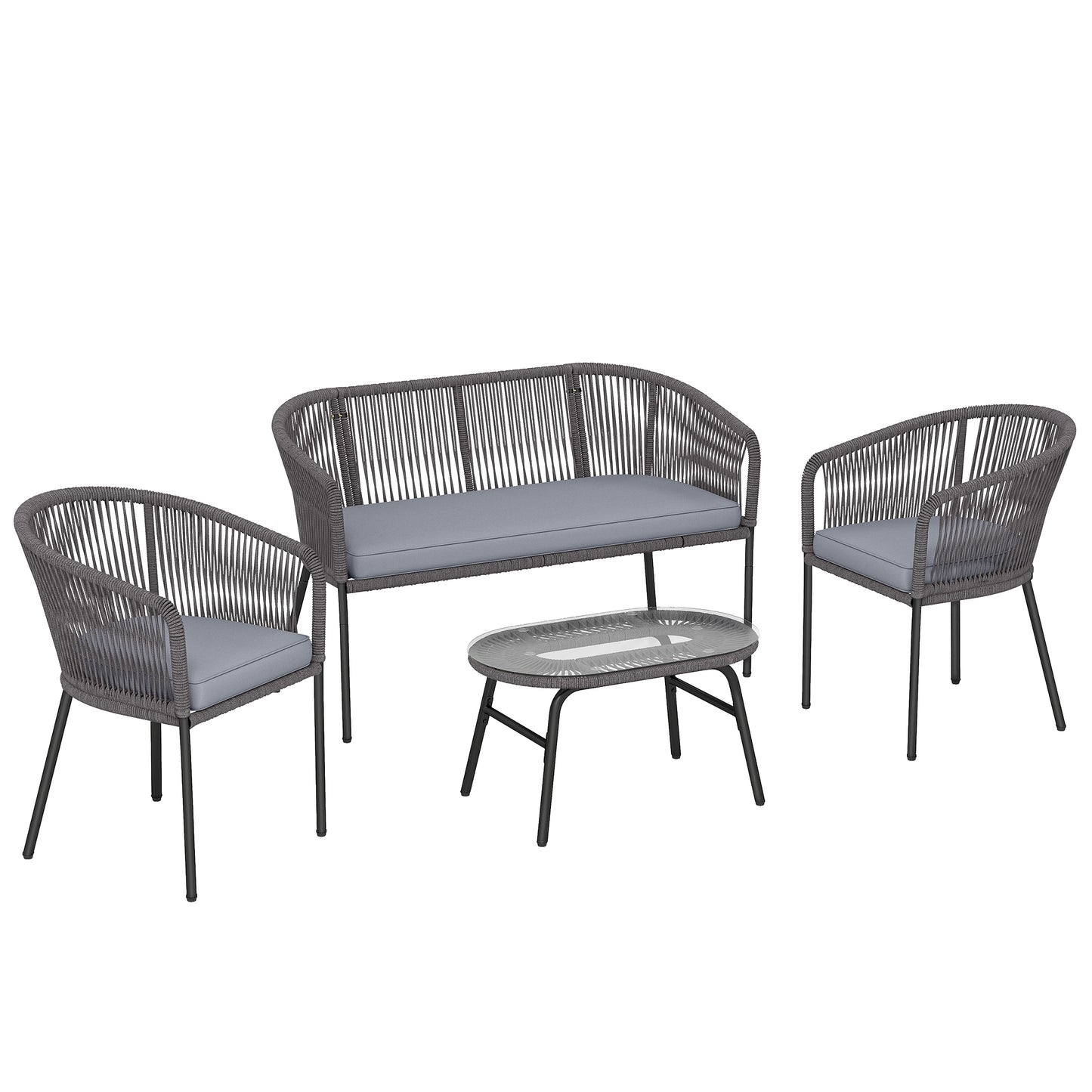 4 Piece Garden Furniture Set, Rope Garden Sofa Set with 1 Loveseat 2 Chairs Tempered Glass Table Cushions, Dark Grey