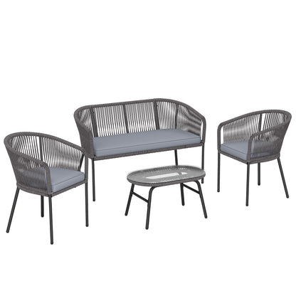 4 Piece Garden Furniture Set, Rope Garden Sofa Set with 1 Loveseat 2 Chairs Tempered Glass Table Cushions, Dark Grey