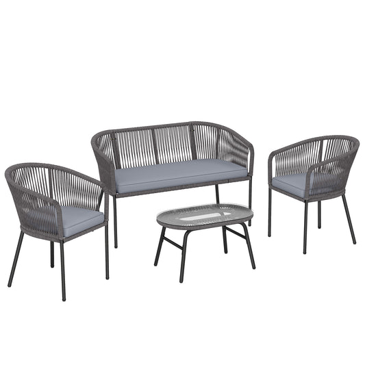 4 Piece Garden Furniture Set, Rope Garden Sofa Set with 1 Loveseat 2 Chairs Tempered Glass Table Cushions, Dark Grey