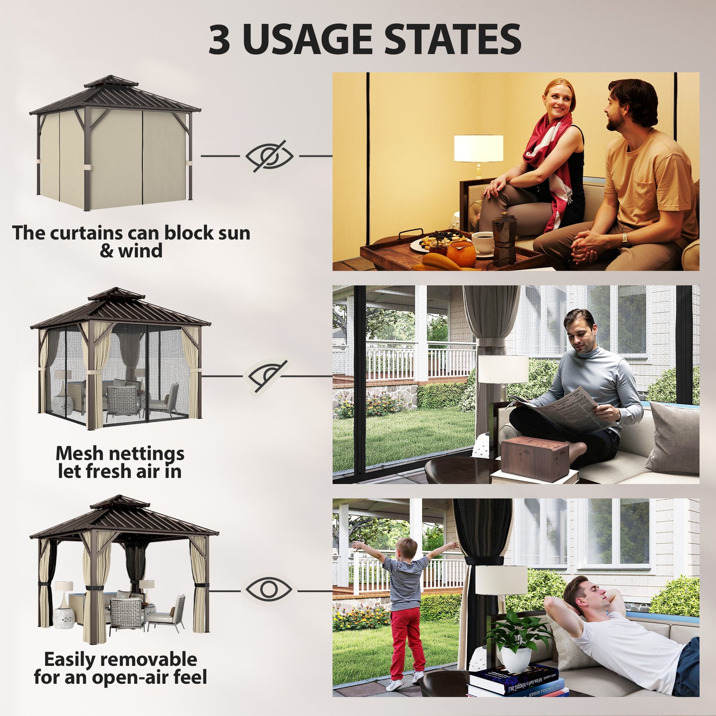 3x3 m Hardtop Gazebo Canopy with UPF50+ Double Galvanised Steel Roof, Aluminium Garden Gazebo Permanent Pavilion, Brown
