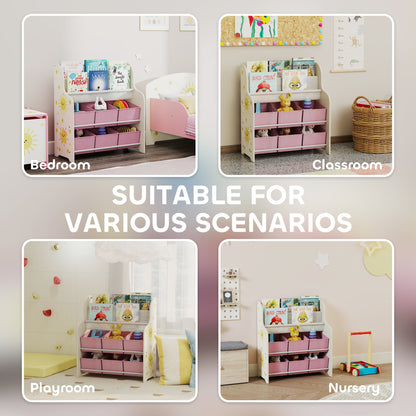 Kids Storage Unit, Toy Organiser with 6 Fabric Drawers and 2-Tier Sling Book Rack for Bedroom, Playroom, Nursery, Pink