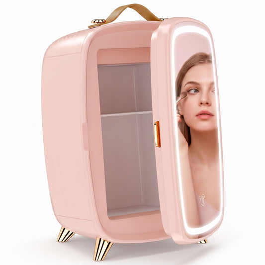 Skincare Refrigerator, 6L Mini Cosmetic Fridge with LED Mirror, Cooling Function for Bedroom, Skincare, Office, Pink