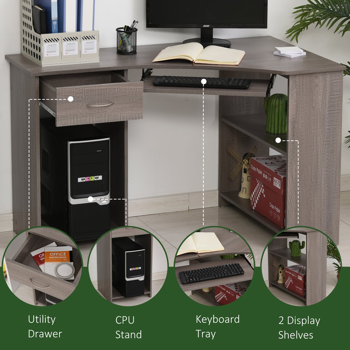 L-Shaped Corner Computer Desk w/ 2 Shelves Wide Worktop Keyboard Tray Drawer & CPU Stand Home Office Study Bedroom Furniture