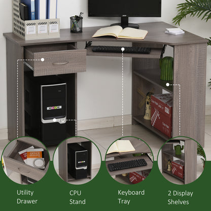 L-Shaped Corner Computer Desk w/ 2 Shelves Wide Worktop Keyboard Tray Drawer & CPU Stand Home Office Study Bedroom Furniture