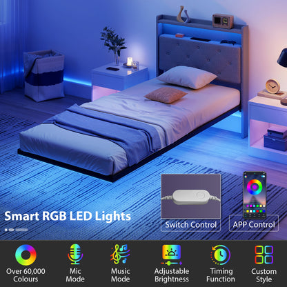 Floating Bed Frame, Upholstered 3ft Single Size Bed, Platform Bed with RGB LED Lights and Charging Station, Grey