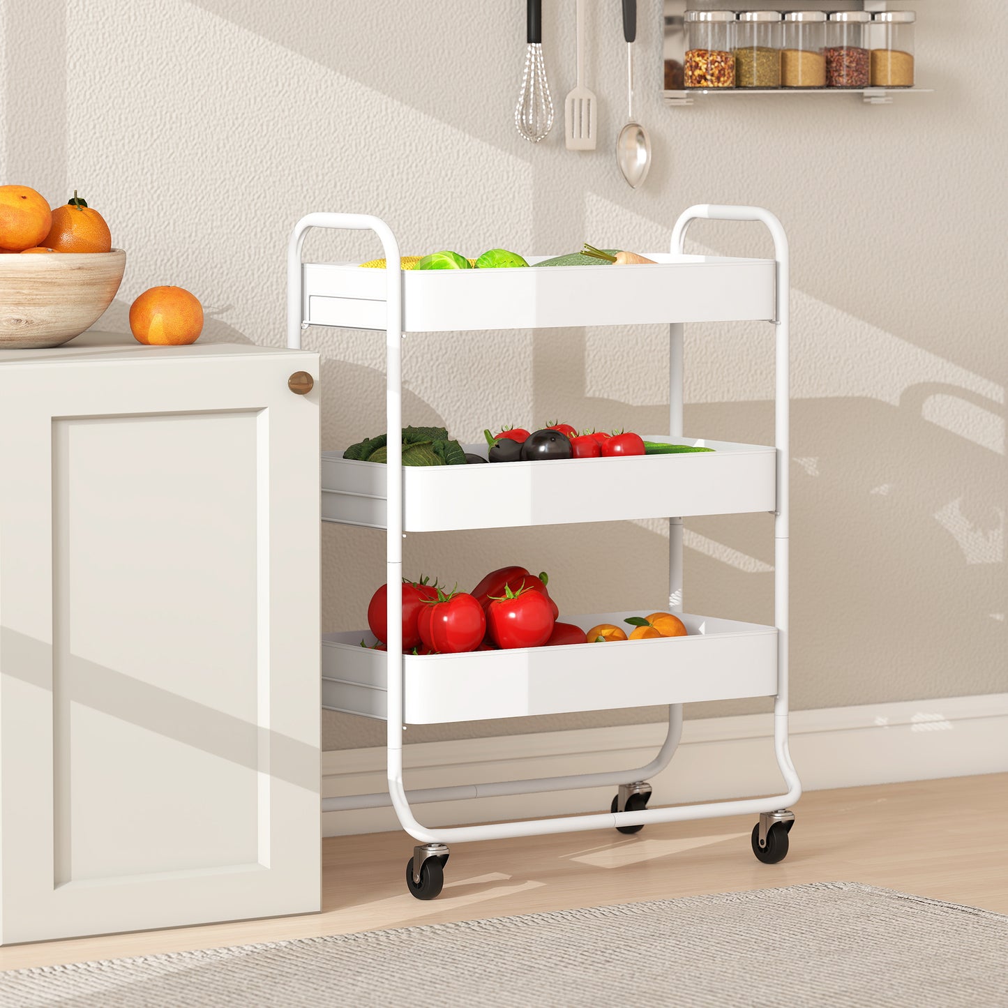 3-Tier Storage Trolley on Wheels, Rolling Utility Cart with Mesh Backets for Kitchen, Bathroom, Bedroom, White