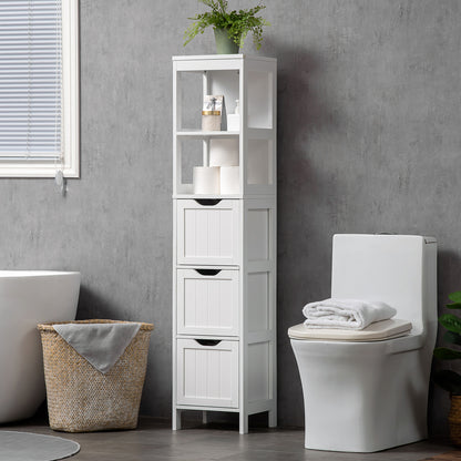 Narrow Floor Cabinet, Bathroom Cabinet with 3 Drawers and 2 Open Shelves, 30W x 30D x 141.6Hcm, White
