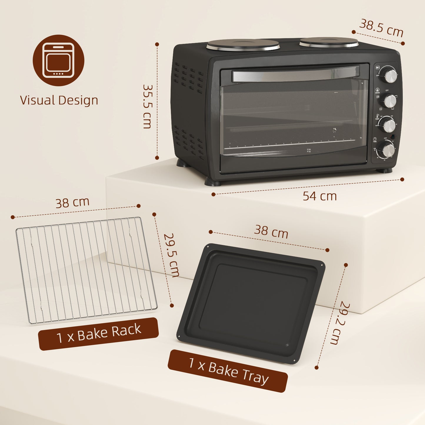 36L Small Oven with 2 Hot Plates, Countertop Toaster Oven, Grill, Roast, Bake, Boil, with Timer, Adjustable Temperature