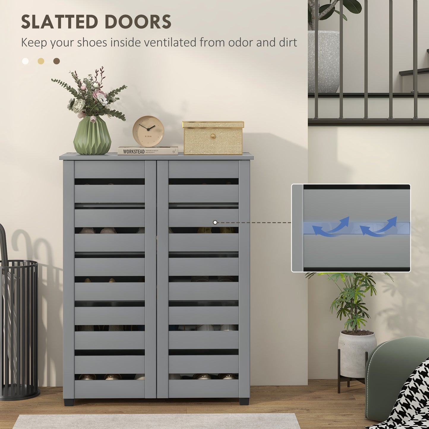Narrow Shoe Cabinet for Entryway, 5-Tier Slim Shoe Storage Cabinet with 2 Slatted Doors and Adjustable Shelves Grey
