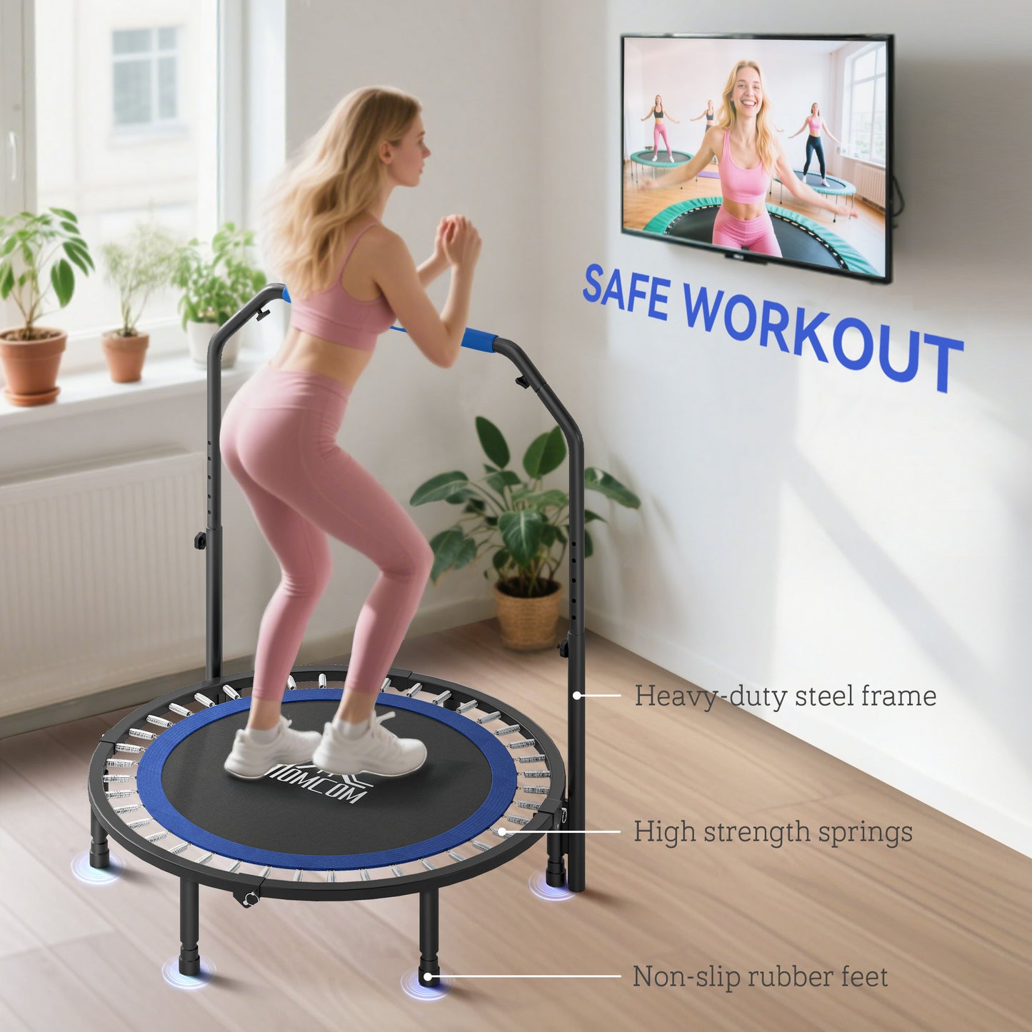 45" Foldable Mini Fitness Trampoline, with Adjustable Foam Handle, Blue