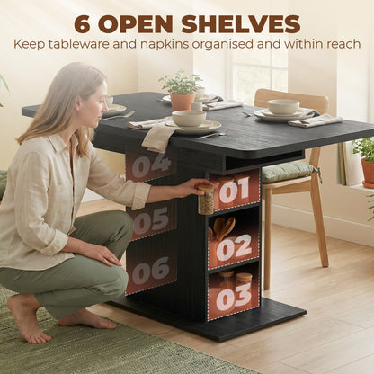 Extendable Dining Table for 4-6 People, 110-130cm Kitchen Table with 6 Open Shelves, Black