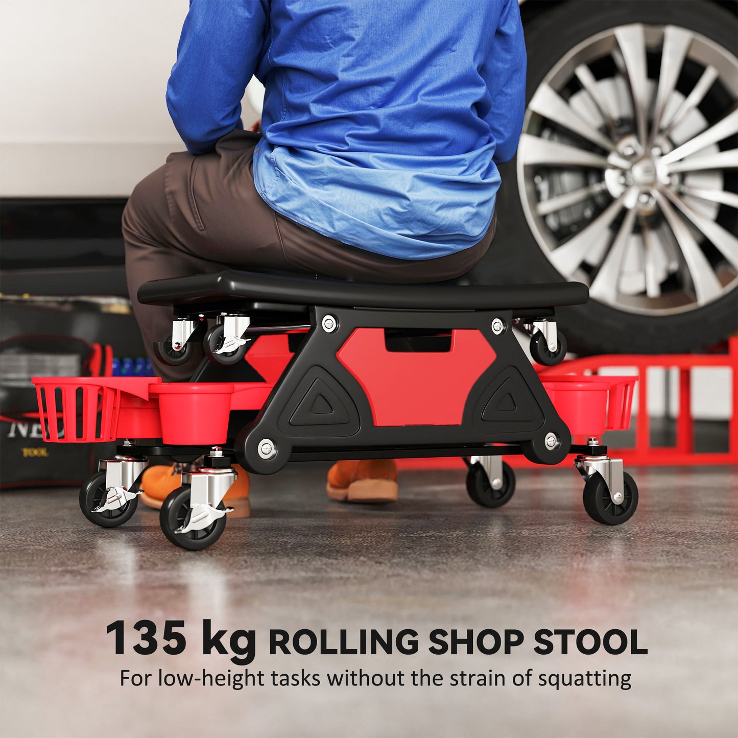Rolling Mechanic Stool, 135kg Capacity Workshop Stool with 360° Swivel Wheels, Roller Creeper Seat with Slide Out Tool Trays
