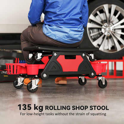 Rolling Mechanic Stool, 135kg Capacity Workshop Stool with 360° Swivel Wheels, Roller Creeper Seat with Slide Out Tool Trays