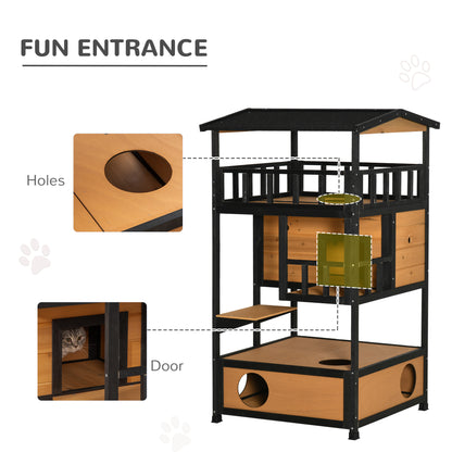 Wooden Outdoor Cat House, 3-Tier Cat Shelter with Tilted Roof, Terrace, Jump Step, Bottom Tray and Elevated Base