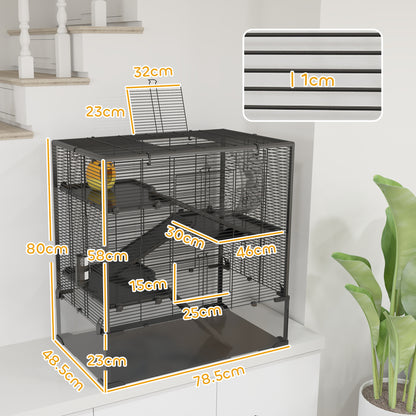 Four-Tier Hamster Cage with Deep Tempered Glass Bottom, Hut, Running Wheel, Food Dish, Water Bottle, 78.5 x 48.5 x 80cm