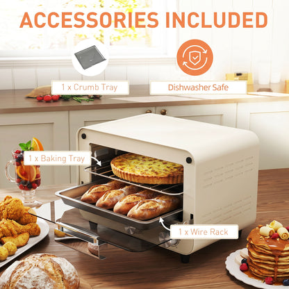 Mini Oven, Small Toaster Oven with Glass Door, Adjustable Temperature and Timer, Accessory Included, 750W, Cream White