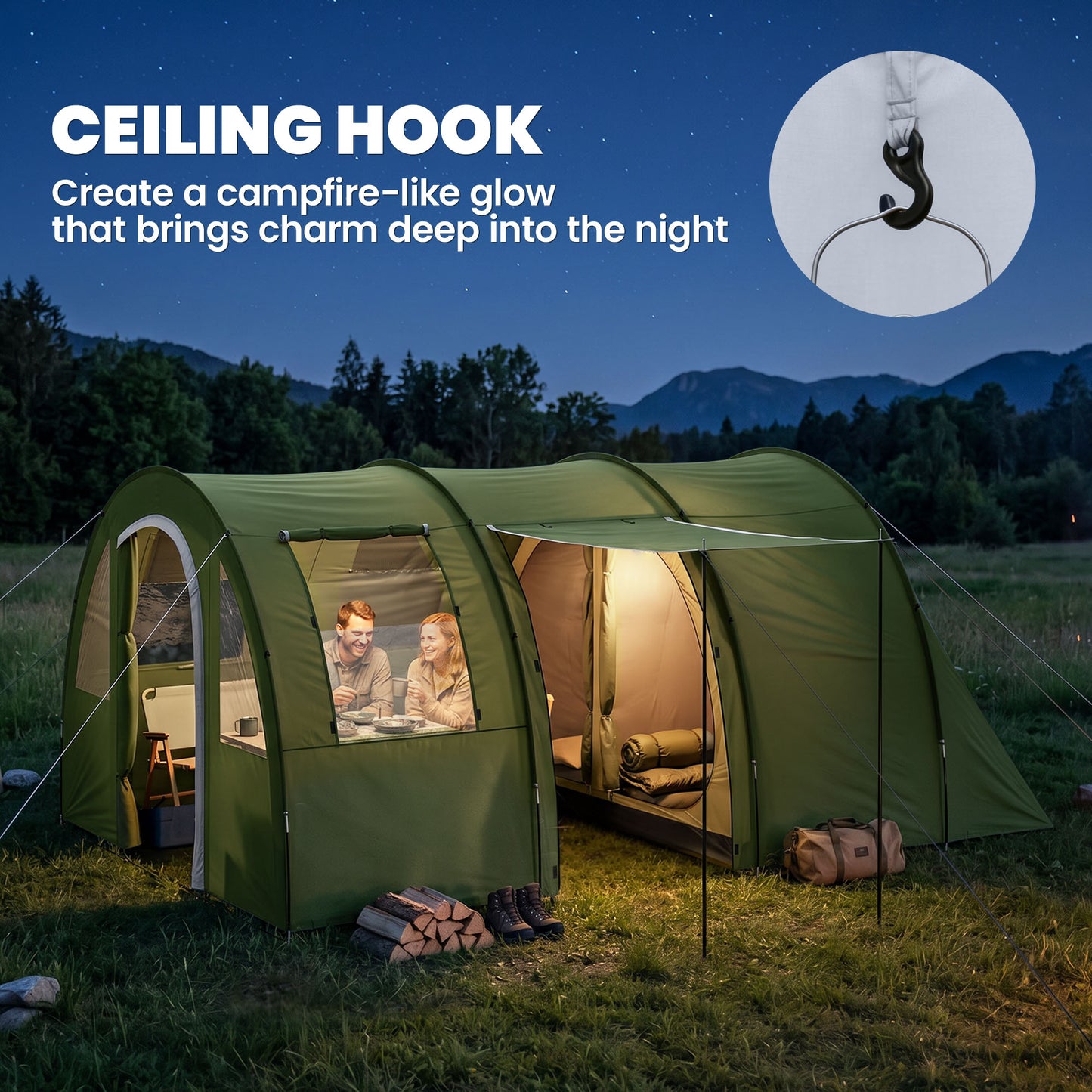 4 Man Camping Tent with 2 Room, Floor and Carry Bag - Green
