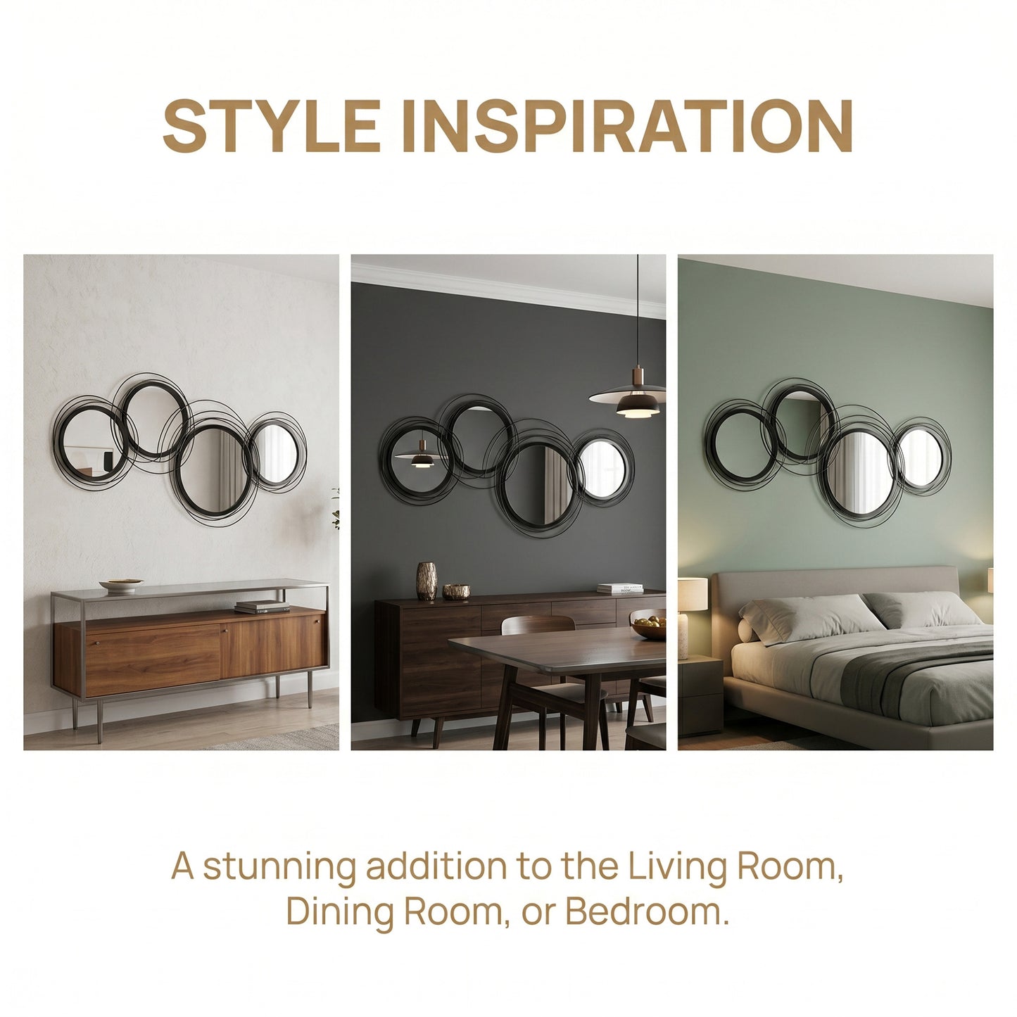 Metal Wall Art 56cm Modern Decorative Mirror Decor for Living Room Bedroom Dining Room, Black
