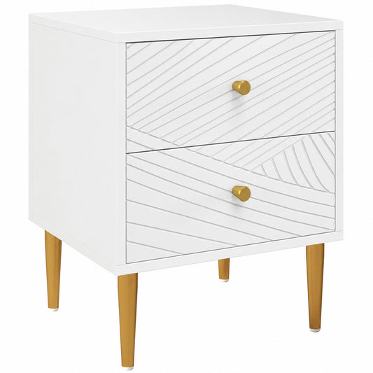 Elegant Two-Drawer Bedside Table - White/Gold-Tone