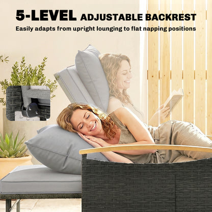 Double Garden Rattan Daybed, Wicker Sun Bed Chaise Lounger with Storage Ottoman, 4-Level Adjustable Backrest, Dark Grey