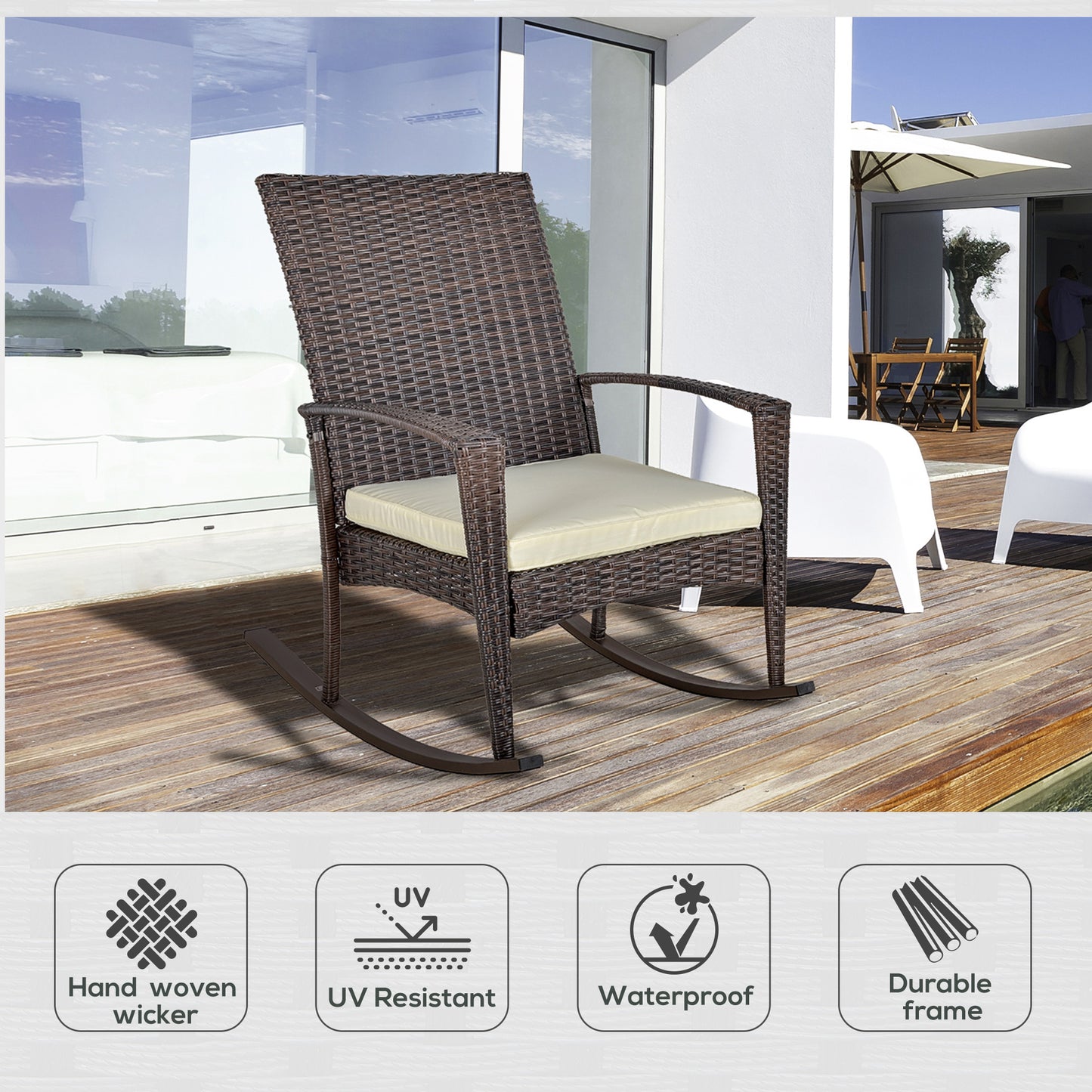 PE Rattan Garden Rocking Chair, Outdoor Rocking with Cushion, 160 KG Capacity Wicker Garden Armchair Rocker