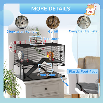 Gerbil Cage, Dwarf Hamster Cage, with Deep Glass Bottom, Tunnels, Ramps, Hut, Exercise Wheel, 78.5 x 48.5 x 57cm