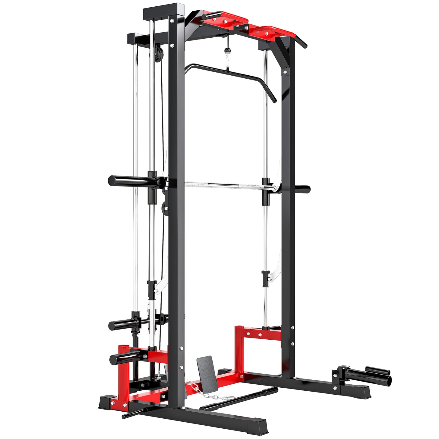 Cable Crossover Machine, Multi-Function Power Rack with Pull Up Bar, Lat Pull Down System, Squat Rack, Barbell Bar