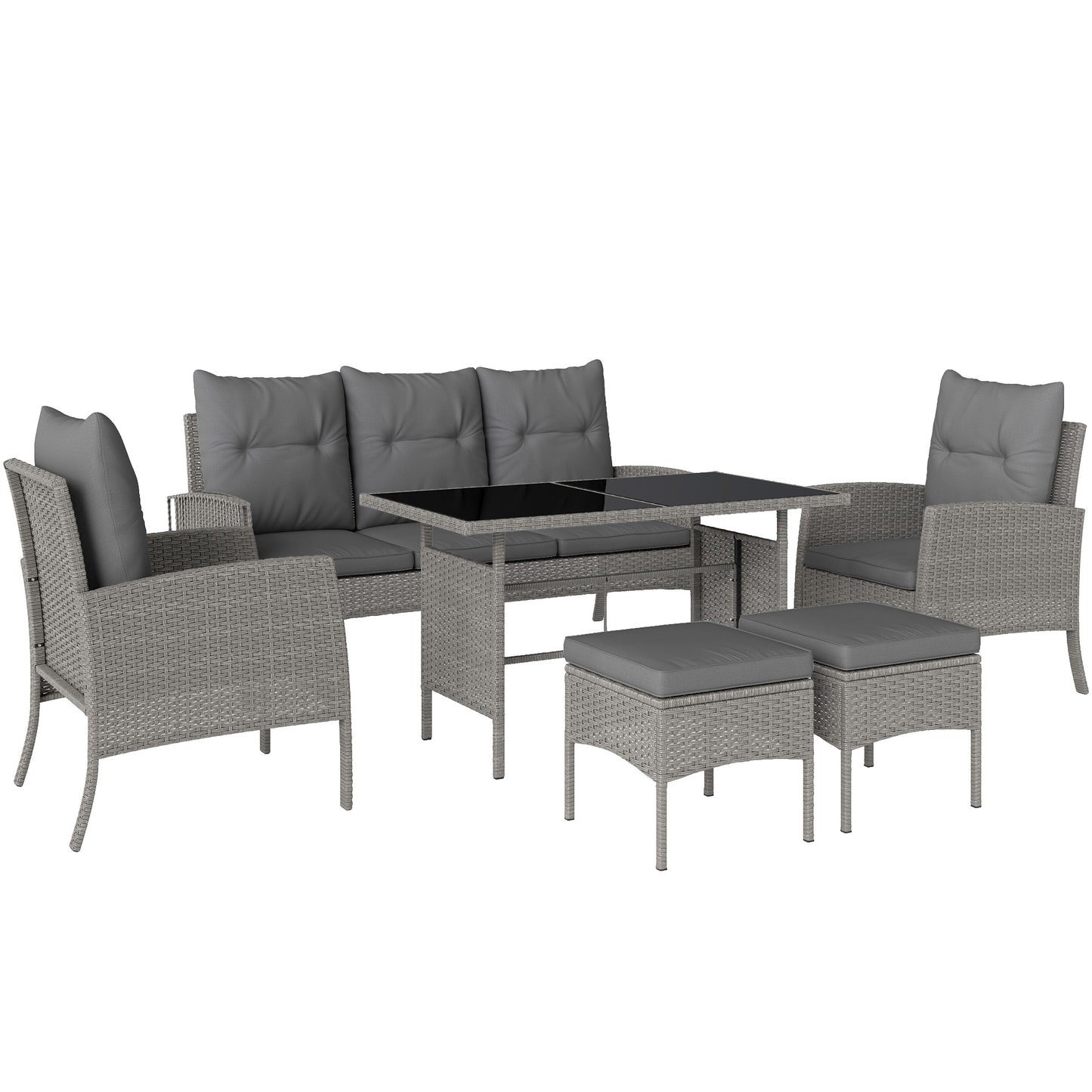 7 Seater Rattan Garden Furniture Set, 6 Piece Patio Dining Set, Armchairs, 3-Seater Sofa, Footstools, Glass Dining Table
