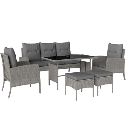 7 Seater Rattan Garden Furniture Set, 6 Piece Patio Dining Set, Armchairs, 3-Seater Sofa, Footstools, Glass Dining Table