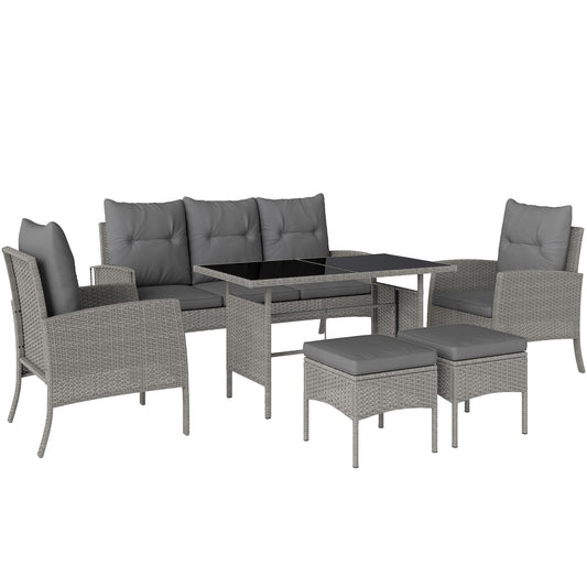7 Seater Rattan Garden Furniture Set, 6 Piece Patio Dining Set, Armchairs, 3-Seater Sofa, Footstools, Glass Dining Table