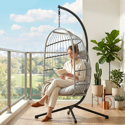 Hanging Egg Chair, Indoor Outdoor Hammock Swing Chair with Stand, Safety Strap, Foldable Basket, Light Grey