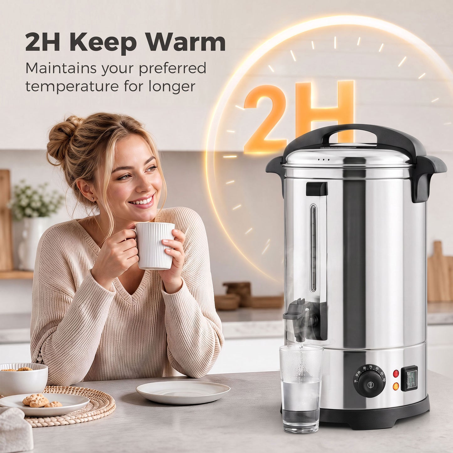 13L Catering Urn, 2500W Stainless Steel Hot Water Boiler Dispenser with Thermostat, Keep Warm Function and Easy Pour Tap