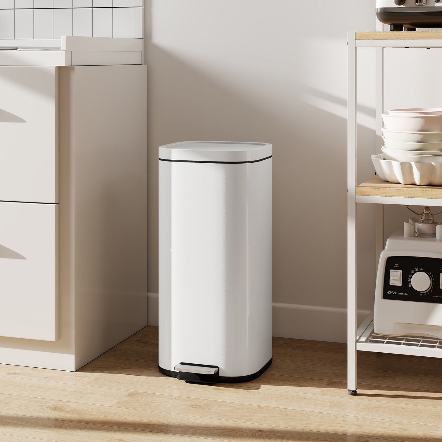30L Kitchen Bin, Compact Pedal Bin with Soft-Close and Stay-Open Lid, Removable Bucket for Kitchen, Home, Office, Cream