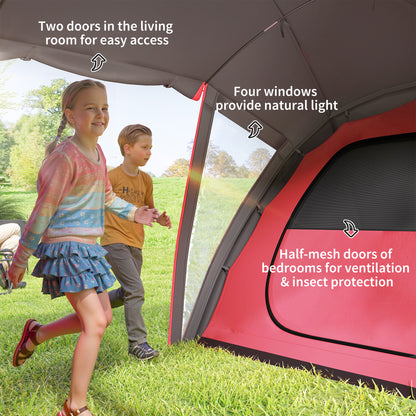 4-6 Man Family Camping Tent w/ 2 Bedrooms and a Living Room, Waterproof Tunnel Tent w/ Sewn In Groundsheet, Doors, Windows