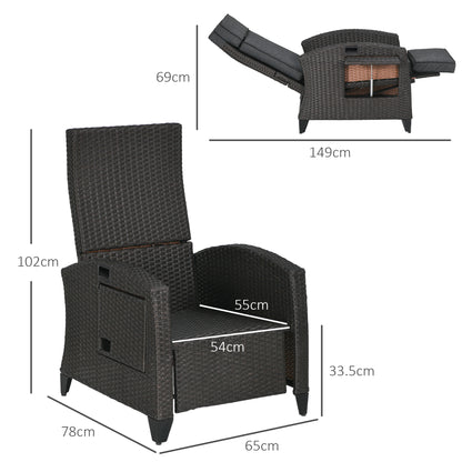 Outdoor Recliner Chair with Adjustable Backrest and Footrest, Cushion, Side Tray, Dark Grey/Brown