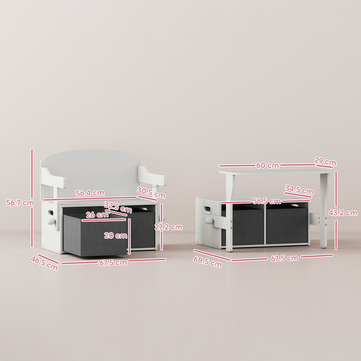 3 in 1 Kids Storage Bench, Convertible Children Table and Chair Set with 2 Fabric Bins, Toy Storage Box, White