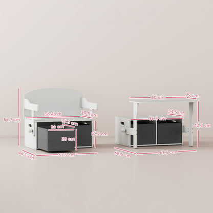3 in 1 Kids Storage Bench, Convertible Children Table and Chair Set with 2 Fabric Bins, Toy Storage Box, White