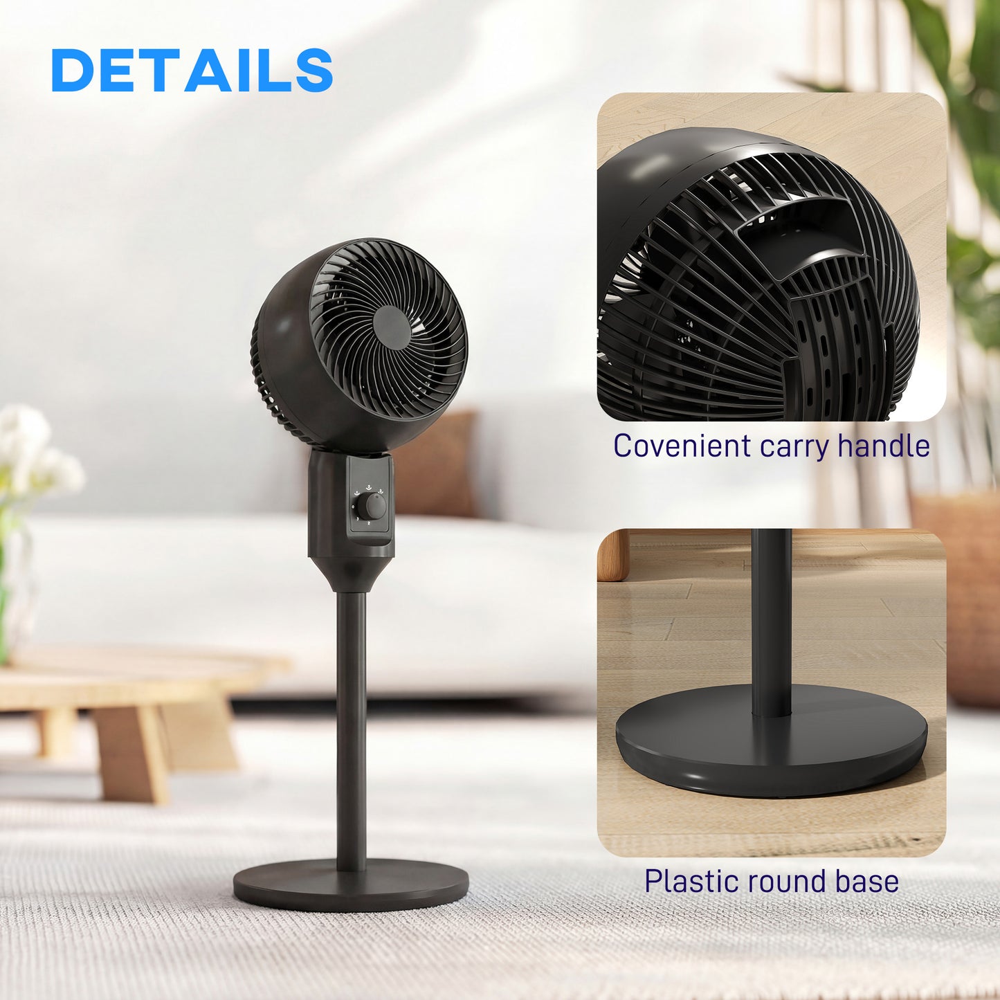 Air Circulator Fan Pedestal Cooling Fan with 3 Speed and Carry Handle, 9 Inch, Black